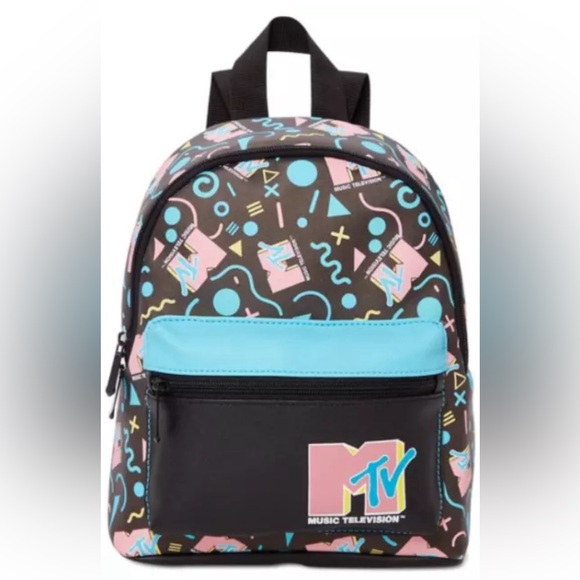 MTV Mini Backpack - Bioworld Faux Leather Black 11.5"  Purse New with tag Retro - Picture 1 of 8